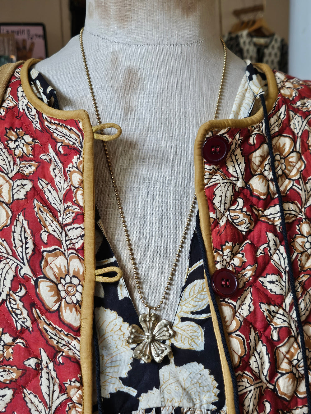 Long Brass Necklace with Floral Pendant