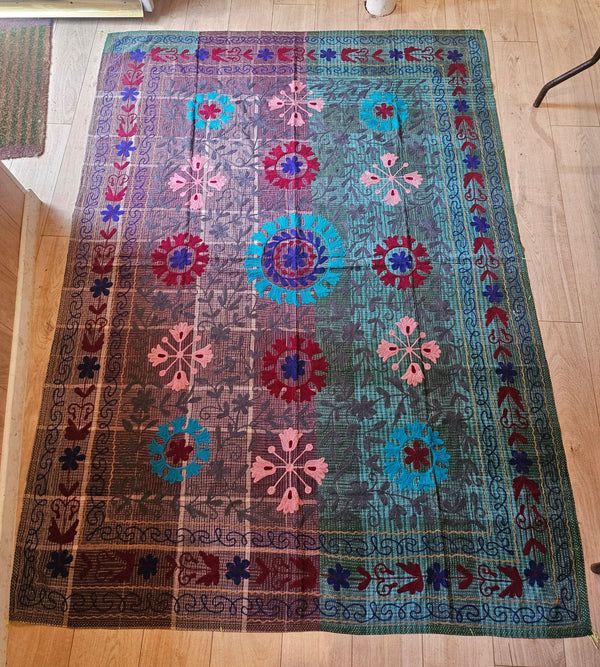 Embroidered One-of-a-Kind Vintage Kantha Quilt #1