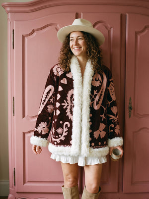 Paisley & Heart Suzani Embroidered Velvet Coat: Maroon