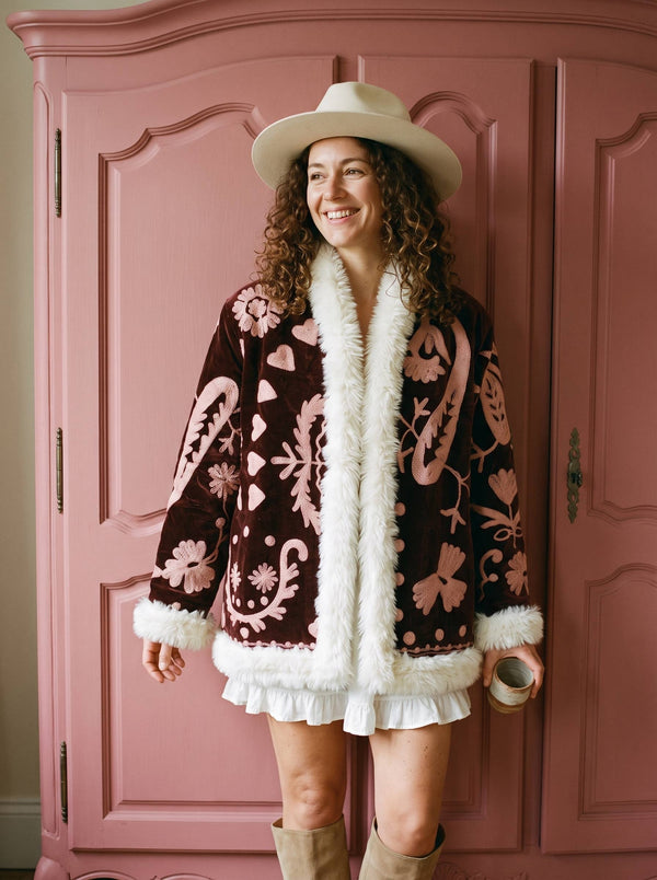 Paisley & Heart Suzani Embroidered Velvet Coat: Maroon