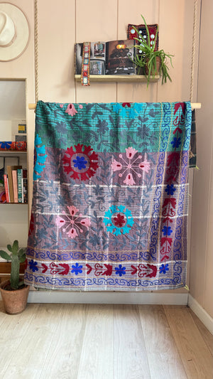 Embroidered One-of-a-Kind Vintage Kantha Quilt #1