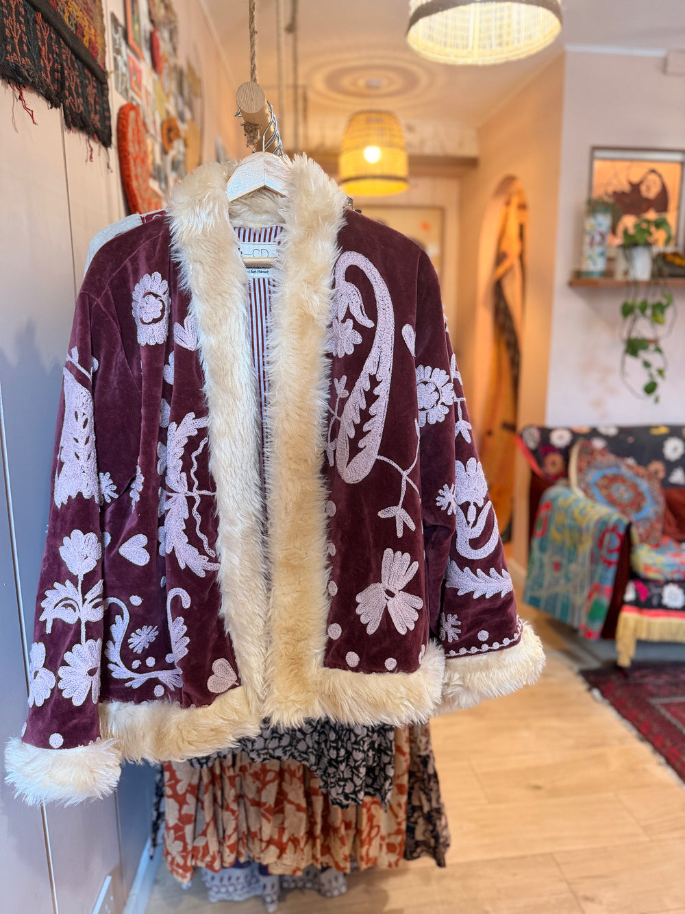 Paisley & Heart Suzani Embroidered Velvet Coat: Maroon