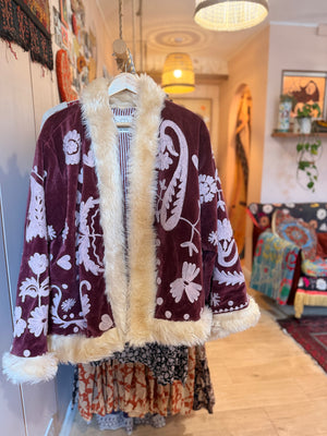 Paisley & Heart Suzani Embroidered Velvet Coat: Maroon