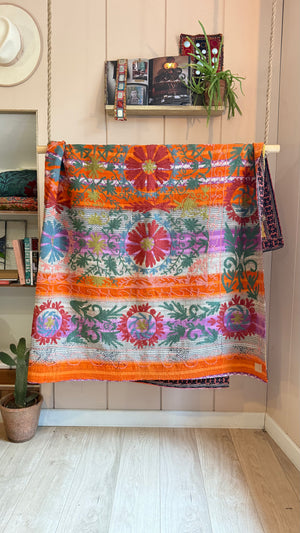 Embroidered One-of-a-Kind Vintage Kantha Quilt #9