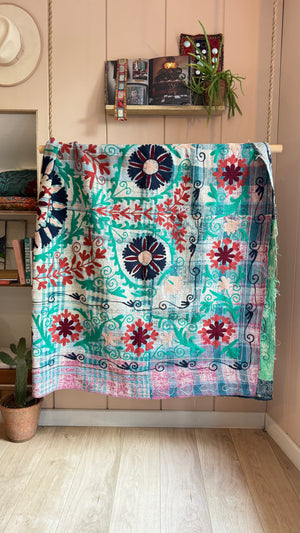 Embroidered One-of-a-Kind Vintage Kantha Quilt #14