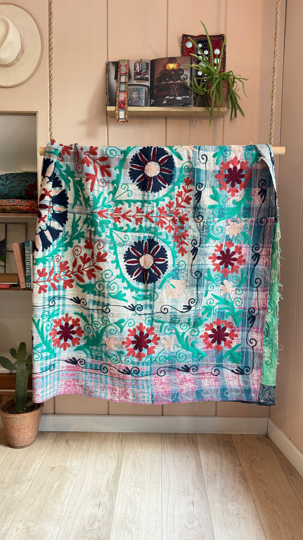 Embroidered One-of-a-Kind Vintage Kantha Quilt #14