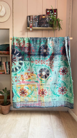 Embroidered One-of-a-Kind Vintage Kantha Quilt #14