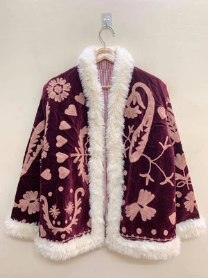 Paisley & Heart Suzani Embroidered Velvet Coat: Maroon
