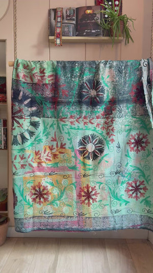 Embroidered One-of-a-Kind Vintage Kantha Quilt #14