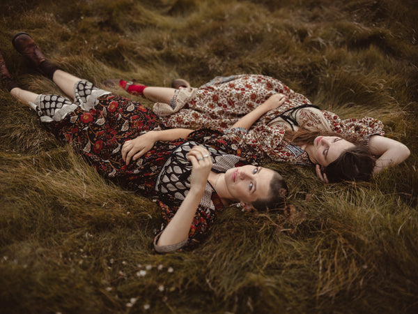 The Kate Dress, Bohemian Vintage Style Indian Block Printed. Laying Alongside The Lara Dress