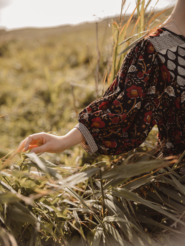 The Kate Dress, Bohemian Vintage Style Indian Block Printed. Sleeve Detail Shot