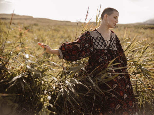 The Kate Dress, Bohemian Vintage Style Indian Block Printed. Full Shot Detail 