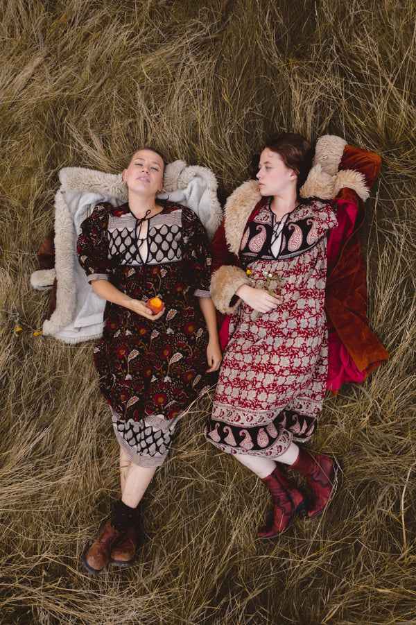 Above Shot Of The Kate Dress, Bohemian Vintage Style Indian Block Printed. Along Side the Lara Dress