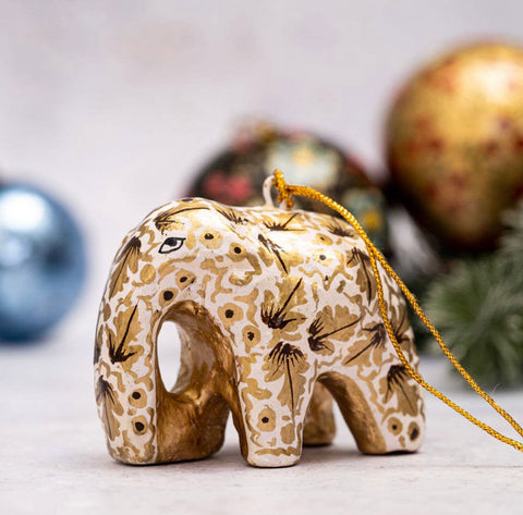 Hand Painted Elephant Bauble - white and gold leaf